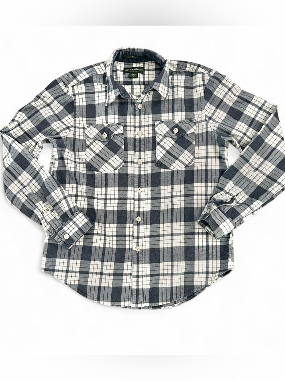 Eddie Bauer grey/white Checkered bottom up flannel 100% cotton shirt for woman
